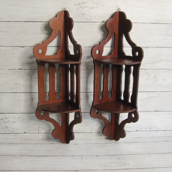 Vintage MCM Corner Wooden 2 Tier Shelf Lot Brown Knick Knack Wall Mount - Picture 2 of 6